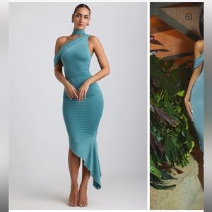 Oh Polly Fedella Asymmetric Cowl Neck Slinky Dress in Sea Green
